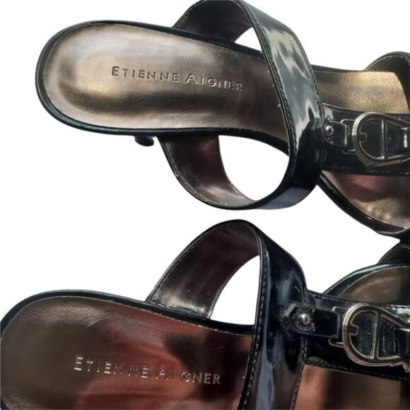 ETIENNE AIGER Womens Milo Heeled Sandal SZ 7M Black Horseshoe‎ Open Toe Straps - Picture 9 of 10